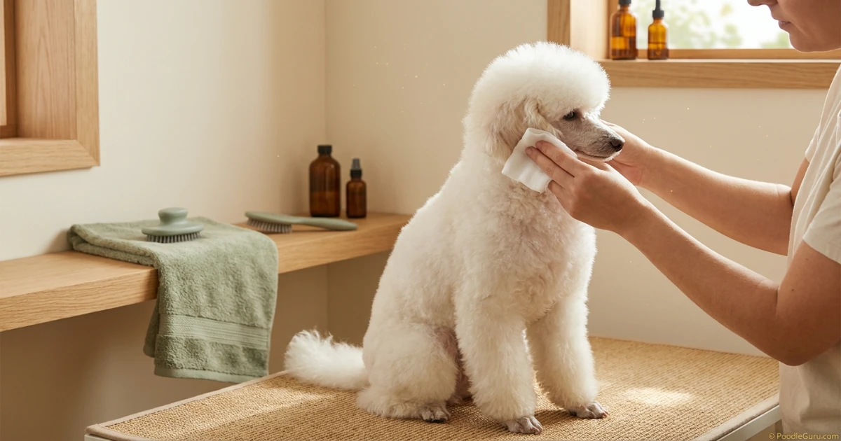 Drying a Poodle ear gently with gauze after a bath to prevent moisture buildup
