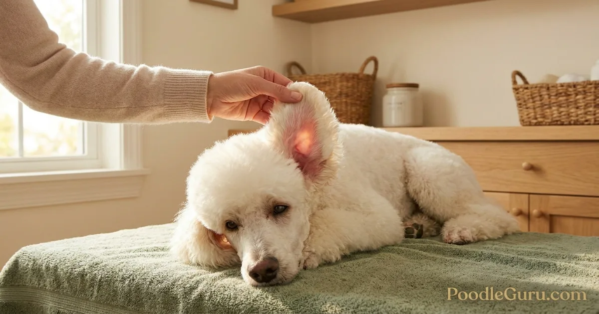 Owner gently lifting a Standard Poodle ear flap during a weekly ear health check