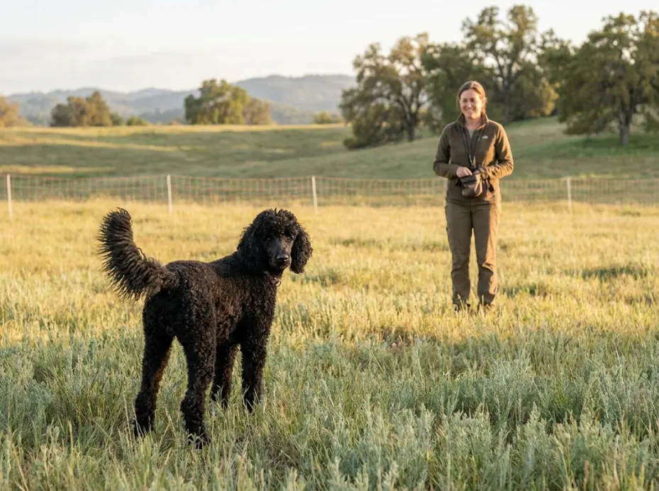 Owner rewarding a Poodle after a successful recall with a high-value treat