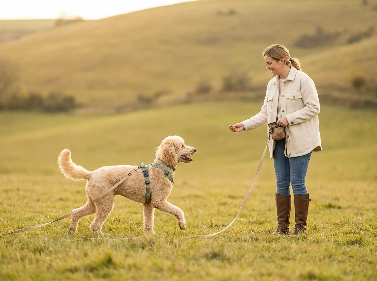 Poodle practicing recall safely on a long line attached to a harness
