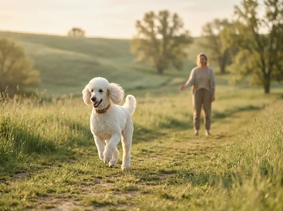 Off-leash training a Poodle with reliable recall on a safe open trail