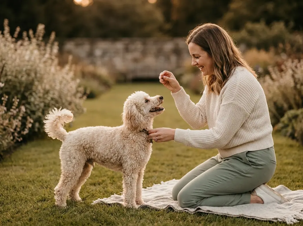 Standard Poodle checking in with owner during recall proofing in a fenced field