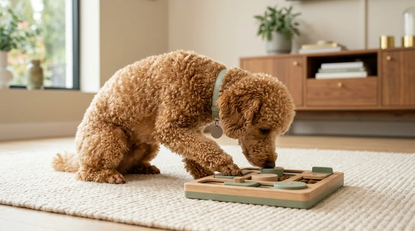 Miniature Poodle using a mentally stimulating dog puzzle toy