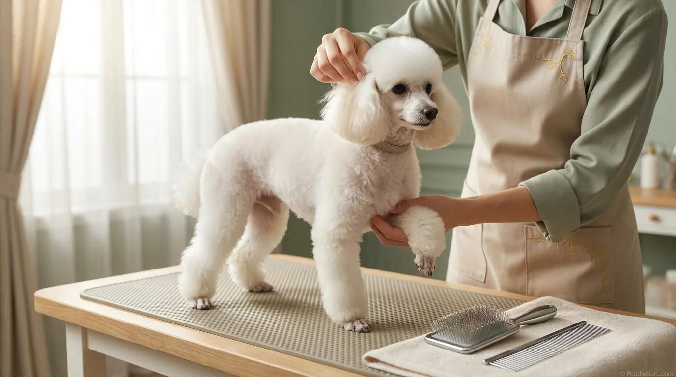 Groomer checking common Poodle tangle hotspots behind ears, armpits, and collar line