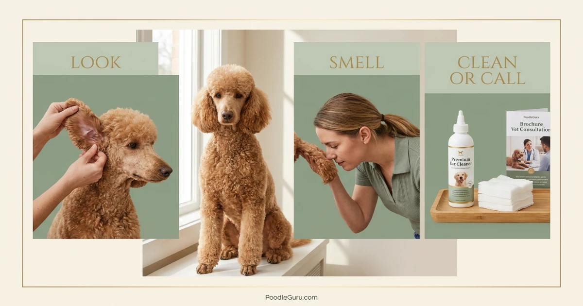 Calm Poodle ear-care routine setup showing look smell clean or call decision process