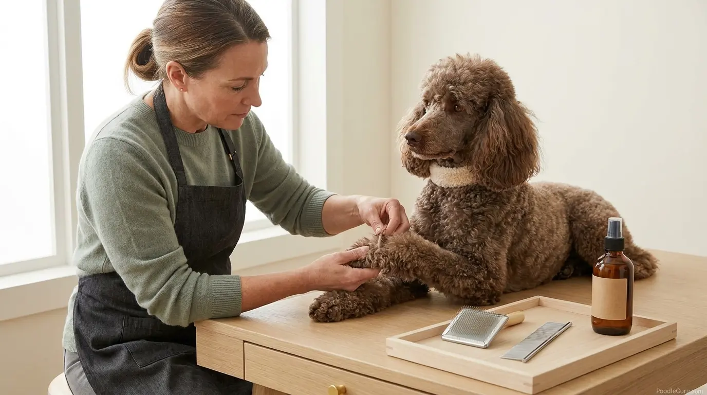 Professional groomer assessing a Poodle coat before safe detangling
