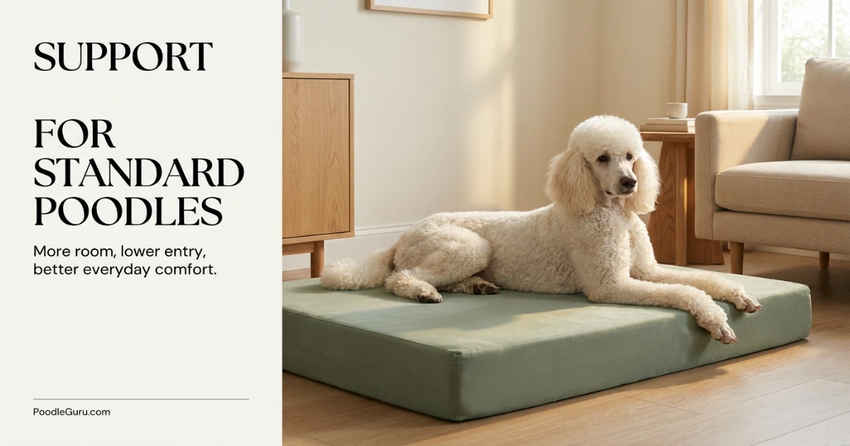 Standard Poodle resting on a large supportive platform dog bed in a quiet room