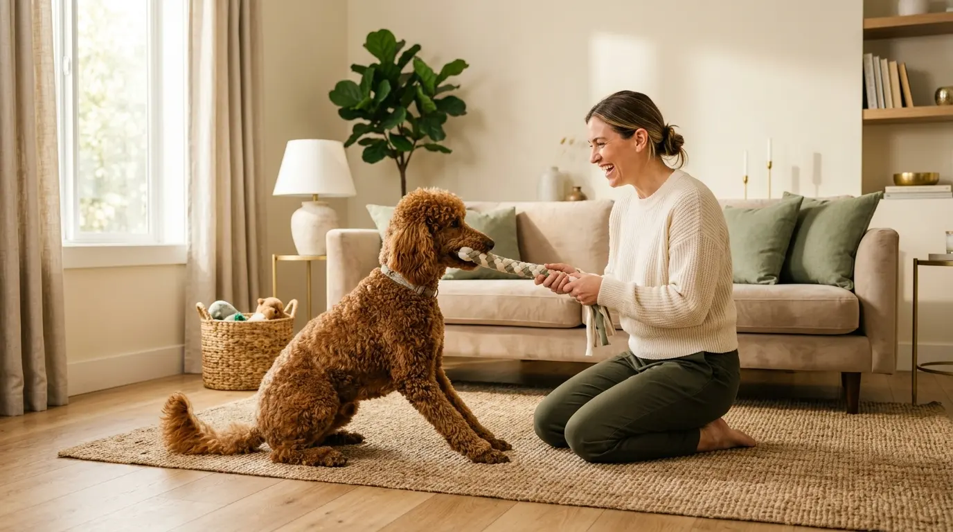 Standard Poodle enjoying structured tug toy play with owner