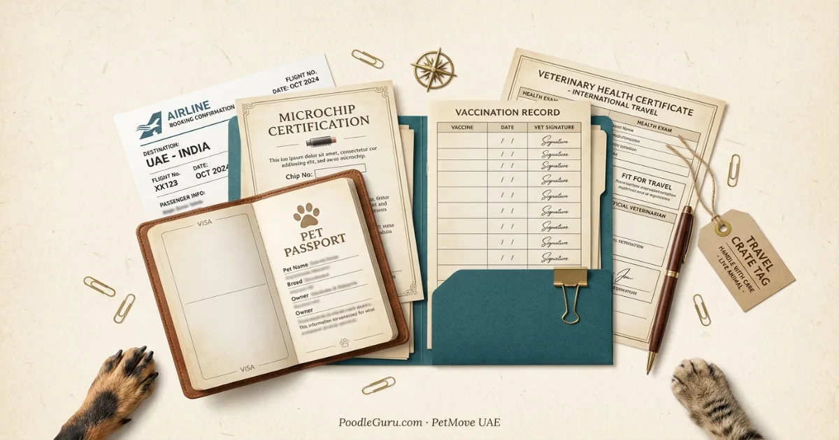 Passport microchip certificate vaccination record health certificate and pet carrier for UAE India relocation
