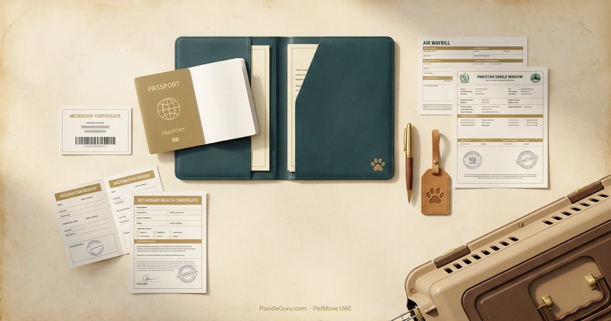 Passport microchip certificate vaccination record health certificate and travel crate for UAE Pakistan pet relocation